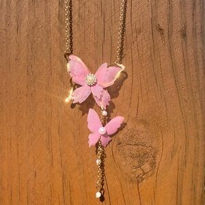 NWT Pink Butterfly Gold and Pink Fabric Pendant 20" Necklace